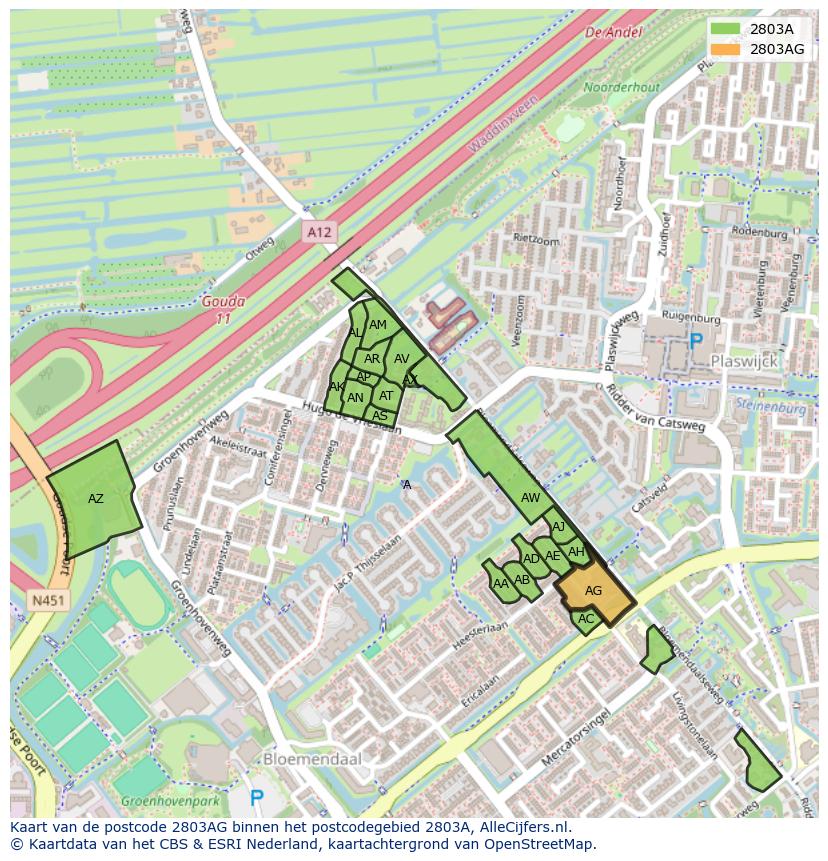 Afbeelding van het postcodegebied 2803 AG op de kaart.