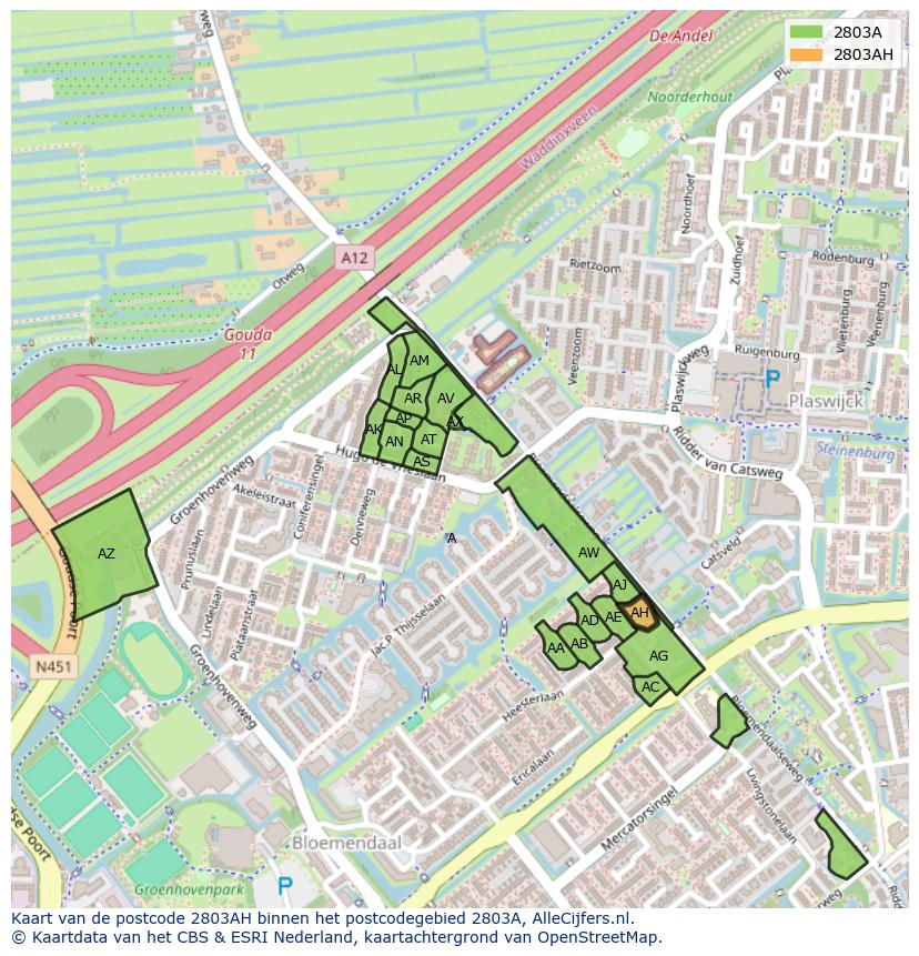 Afbeelding van het postcodegebied 2803 AH op de kaart.