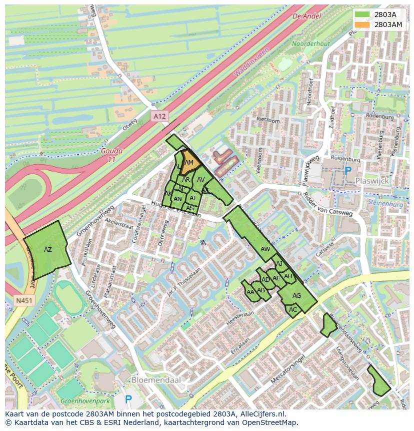 Afbeelding van het postcodegebied 2803 AM op de kaart.