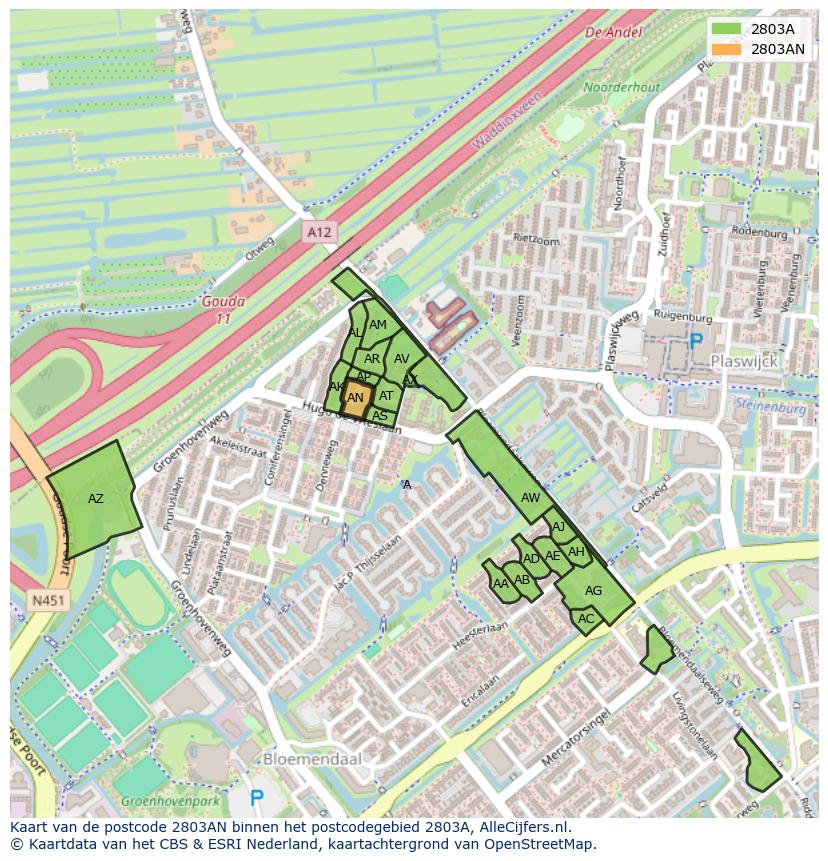 Afbeelding van het postcodegebied 2803 AN op de kaart.