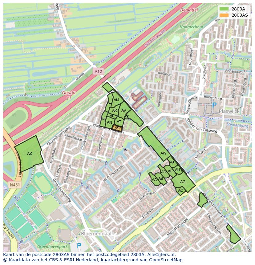 Afbeelding van het postcodegebied 2803 AS op de kaart.