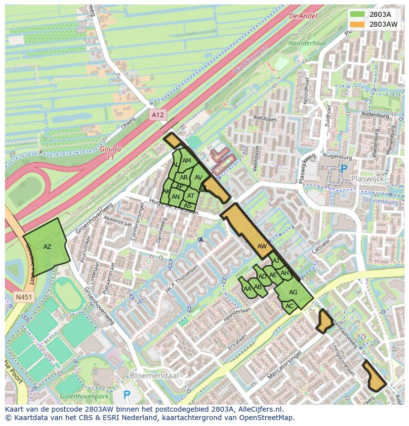 Afbeelding van het postcodegebied 2803 AW op de kaart.