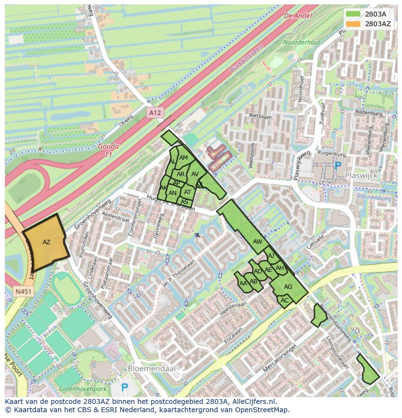 Afbeelding van het postcodegebied 2803 AZ op de kaart.