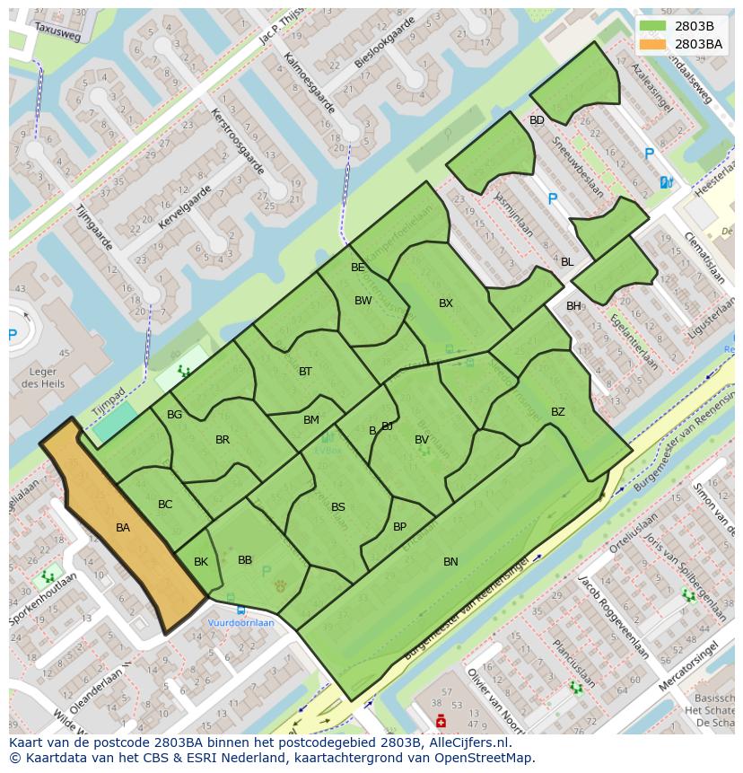 Afbeelding van het postcodegebied 2803 BA op de kaart.