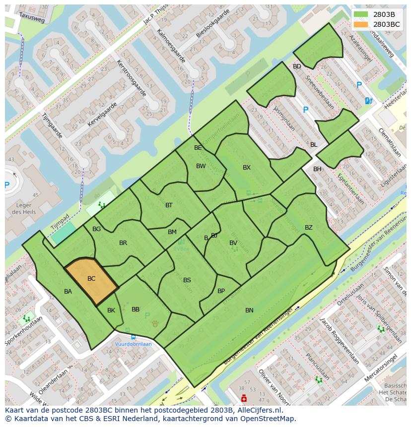 Afbeelding van het postcodegebied 2803 BC op de kaart.