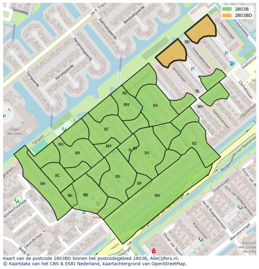 Afbeelding van het postcodegebied 2803 BD op de kaart.