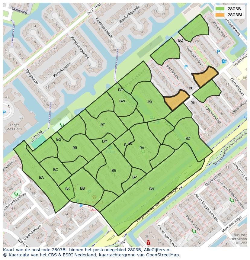 Afbeelding van het postcodegebied 2803 BL op de kaart.