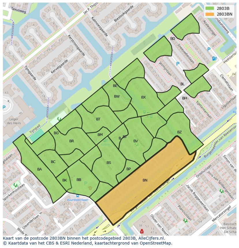 Afbeelding van het postcodegebied 2803 BN op de kaart.