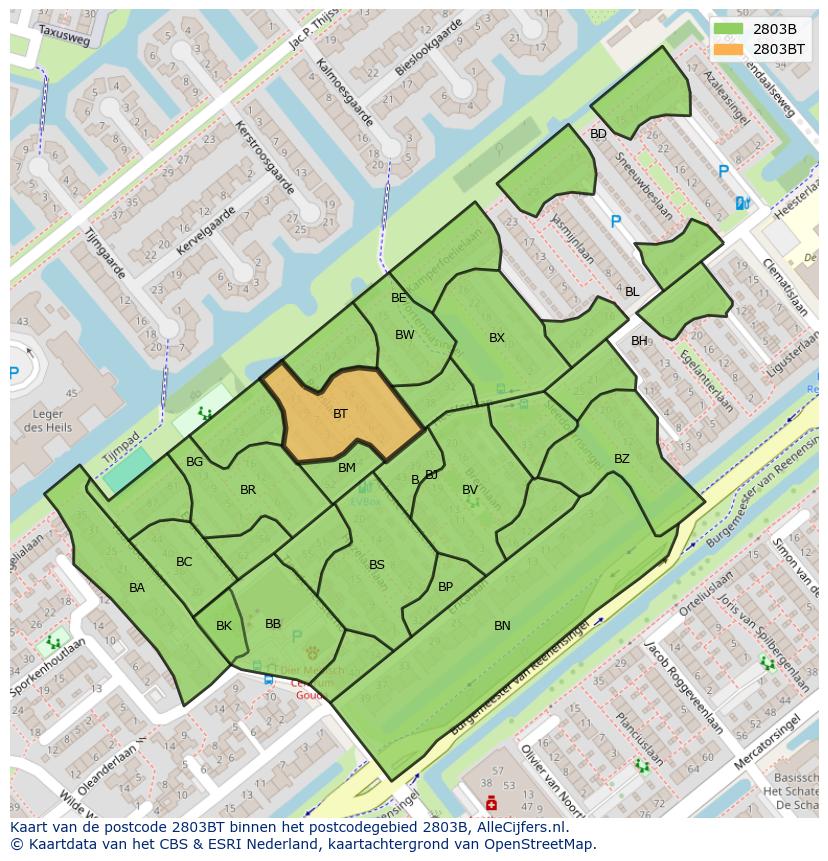 Afbeelding van het postcodegebied 2803 BT op de kaart.