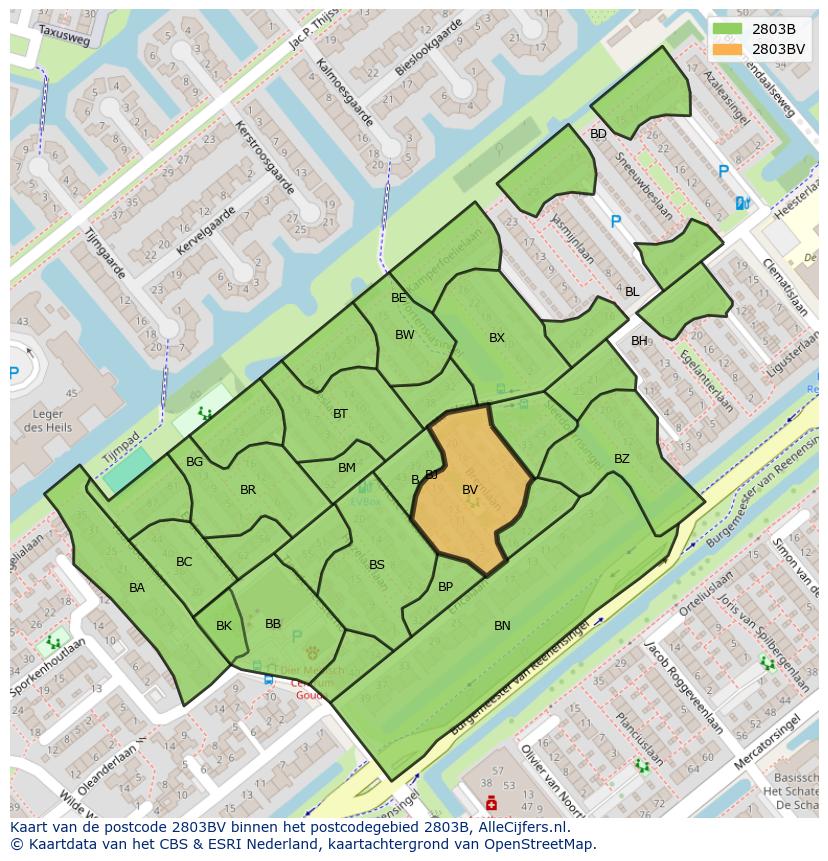 Afbeelding van het postcodegebied 2803 BV op de kaart.