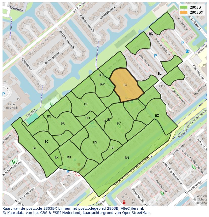 Afbeelding van het postcodegebied 2803 BX op de kaart.