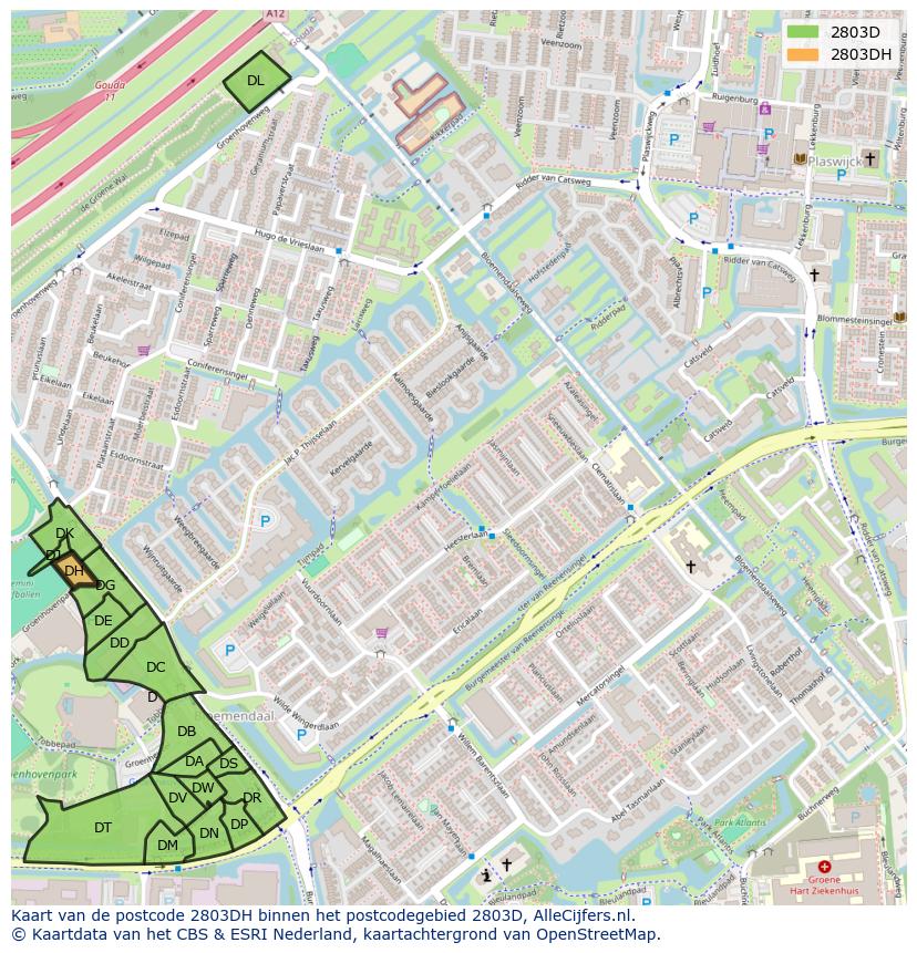 Afbeelding van het postcodegebied 2803 DH op de kaart.
