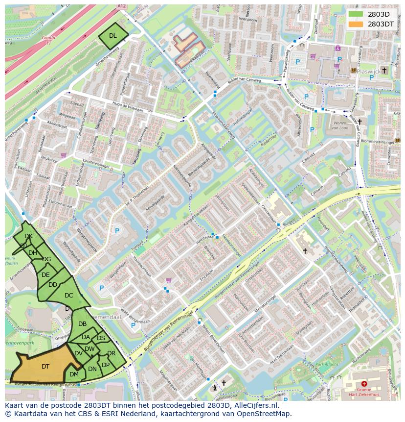Afbeelding van het postcodegebied 2803 DT op de kaart.