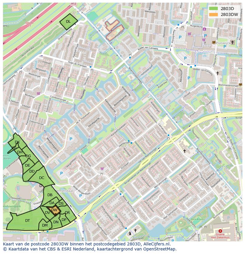 Afbeelding van het postcodegebied 2803 DW op de kaart.