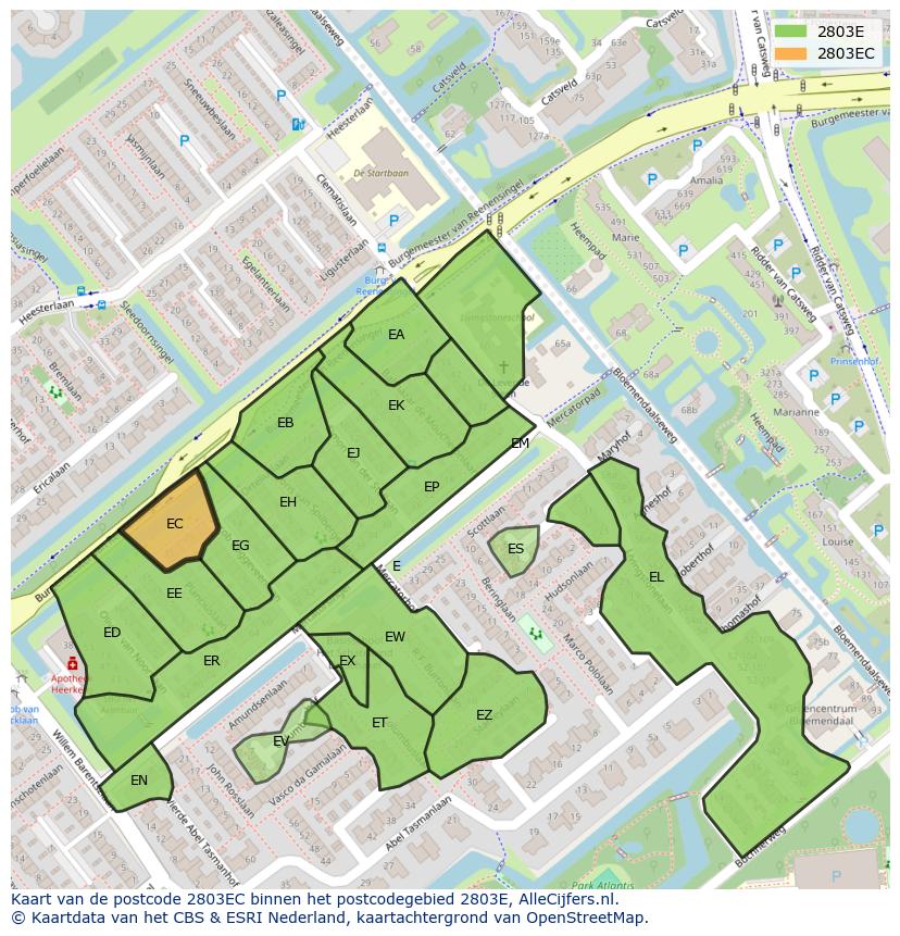 Afbeelding van het postcodegebied 2803 EC op de kaart.