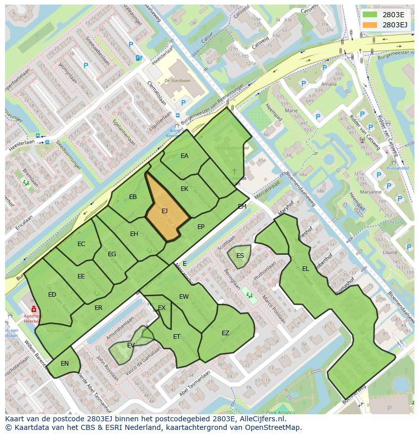 Afbeelding van het postcodegebied 2803 EJ op de kaart.