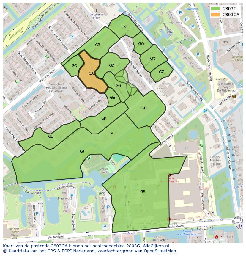 Afbeelding van het postcodegebied 2803 GA op de kaart.