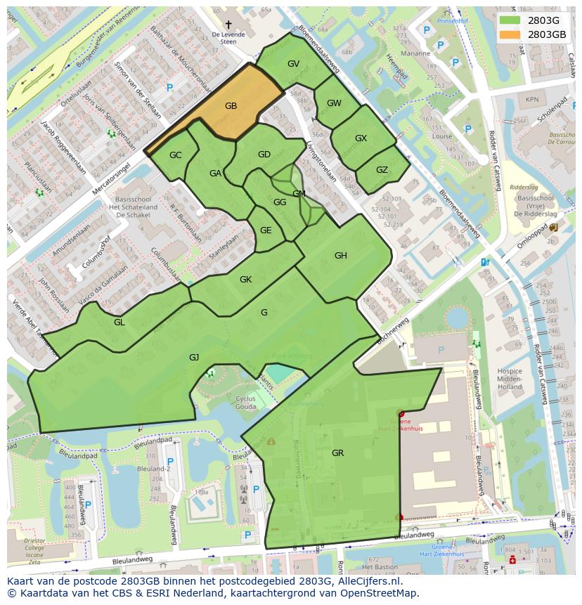 Afbeelding van het postcodegebied 2803 GB op de kaart.