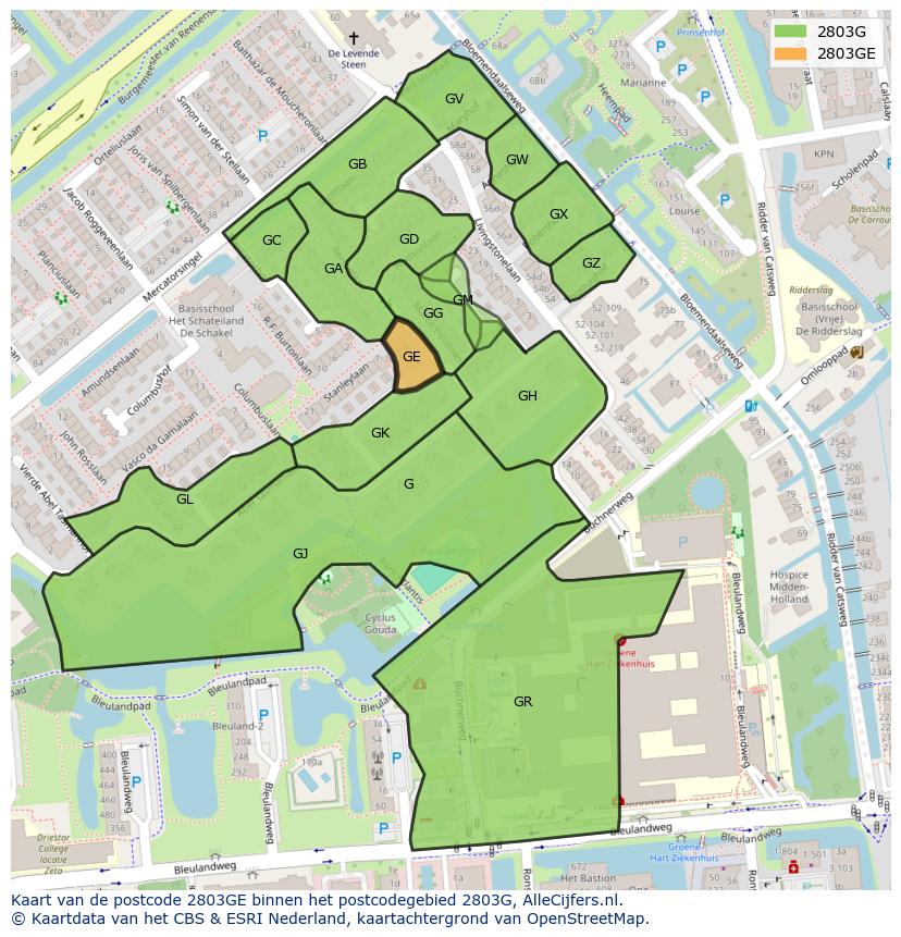 Afbeelding van het postcodegebied 2803 GE op de kaart.