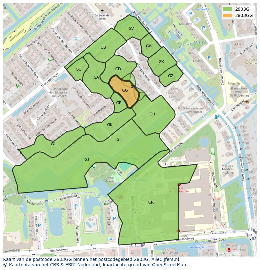 Afbeelding van het postcodegebied 2803 GG op de kaart.