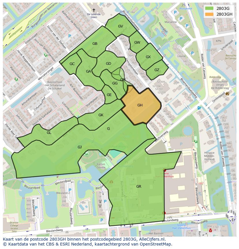 Afbeelding van het postcodegebied 2803 GH op de kaart.