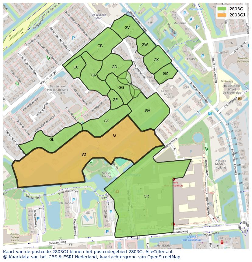 Afbeelding van het postcodegebied 2803 GJ op de kaart.