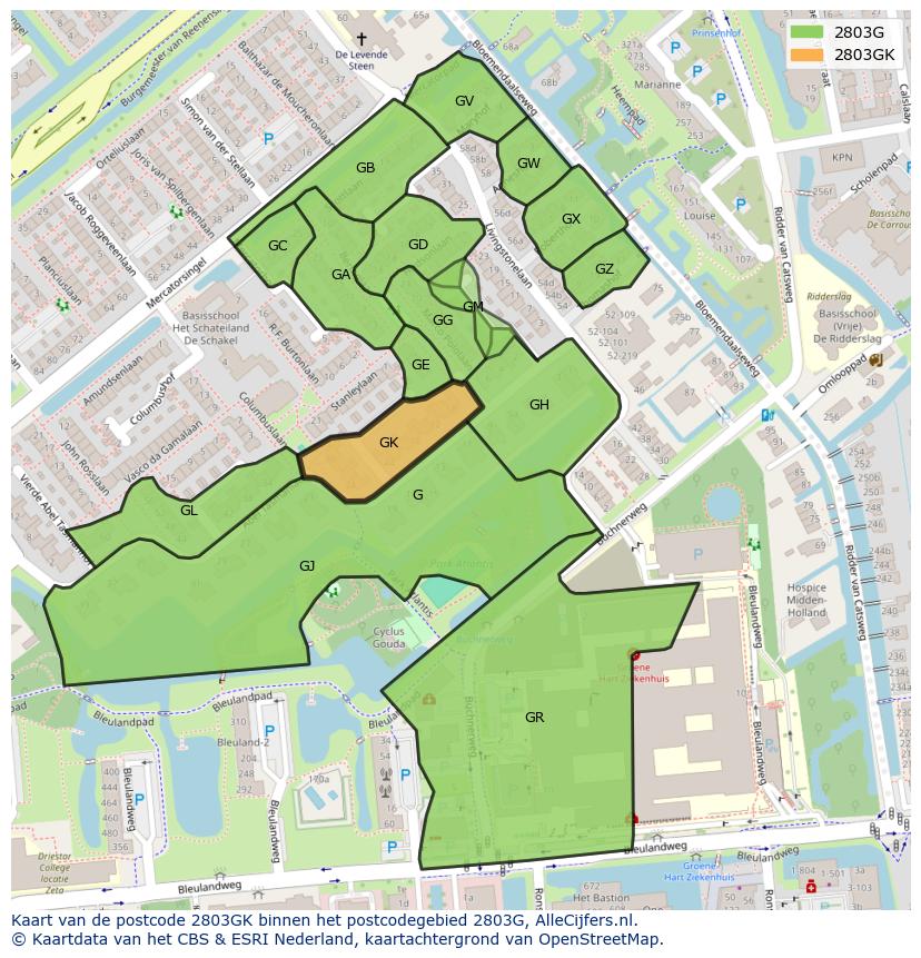 Afbeelding van het postcodegebied 2803 GK op de kaart.