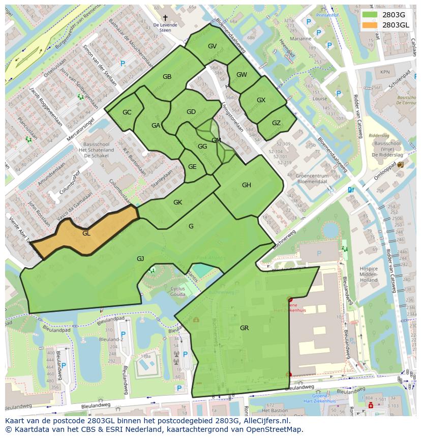 Afbeelding van het postcodegebied 2803 GL op de kaart.