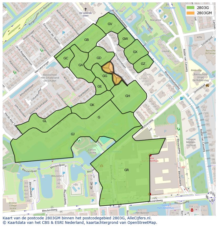 Afbeelding van het postcodegebied 2803 GM op de kaart.