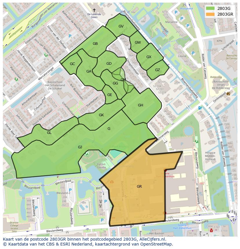 Afbeelding van het postcodegebied 2803 GR op de kaart.