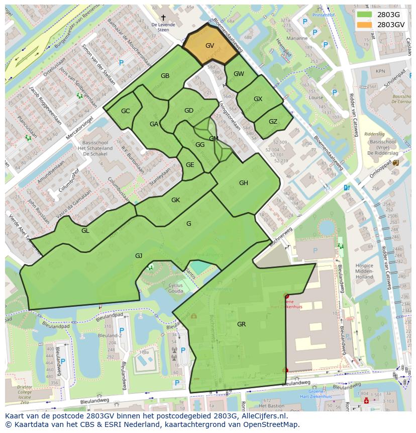 Afbeelding van het postcodegebied 2803 GV op de kaart.