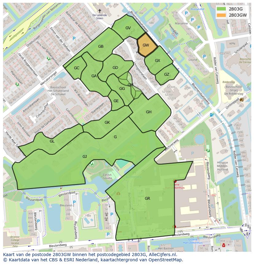 Afbeelding van het postcodegebied 2803 GW op de kaart.
