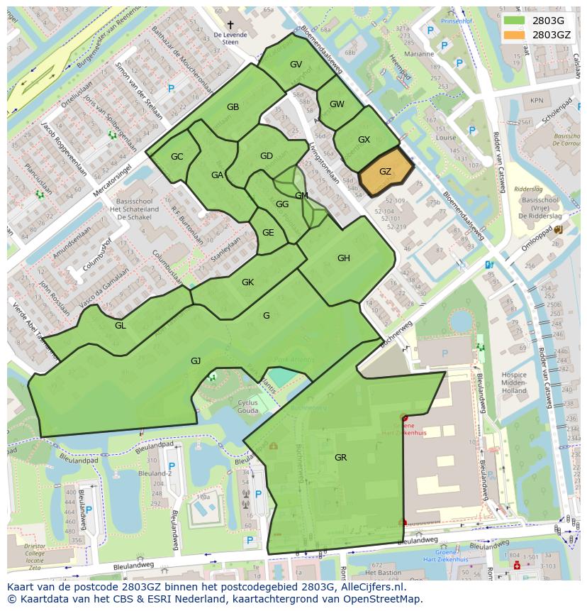 Afbeelding van het postcodegebied 2803 GZ op de kaart.