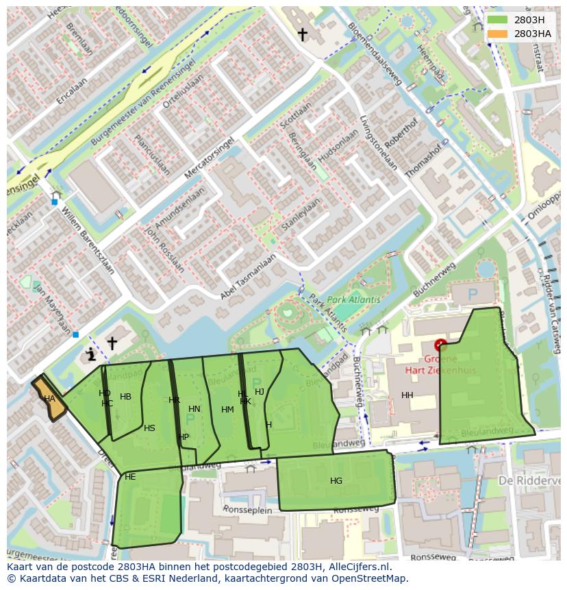 Afbeelding van het postcodegebied 2803 HA op de kaart.