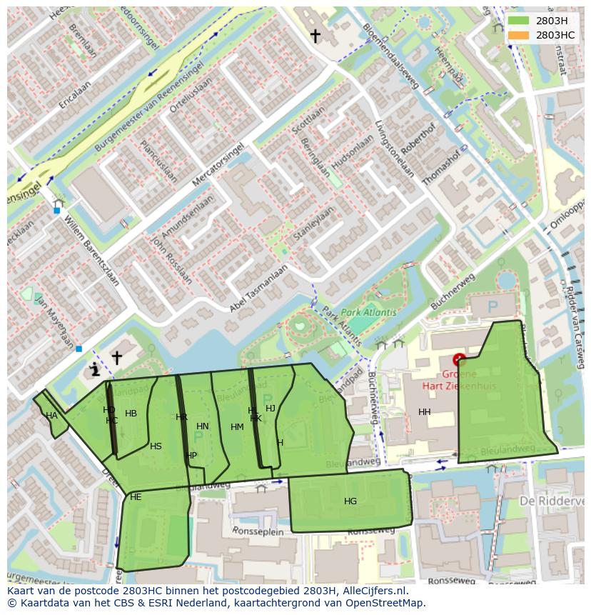 Afbeelding van het postcodegebied 2803 HC op de kaart.