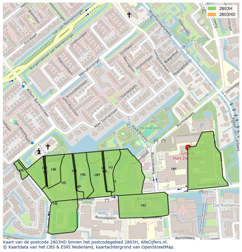 Afbeelding van het postcodegebied 2803 HD op de kaart.