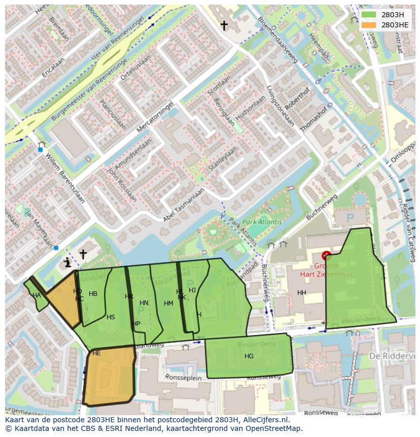 Afbeelding van het postcodegebied 2803 HE op de kaart.