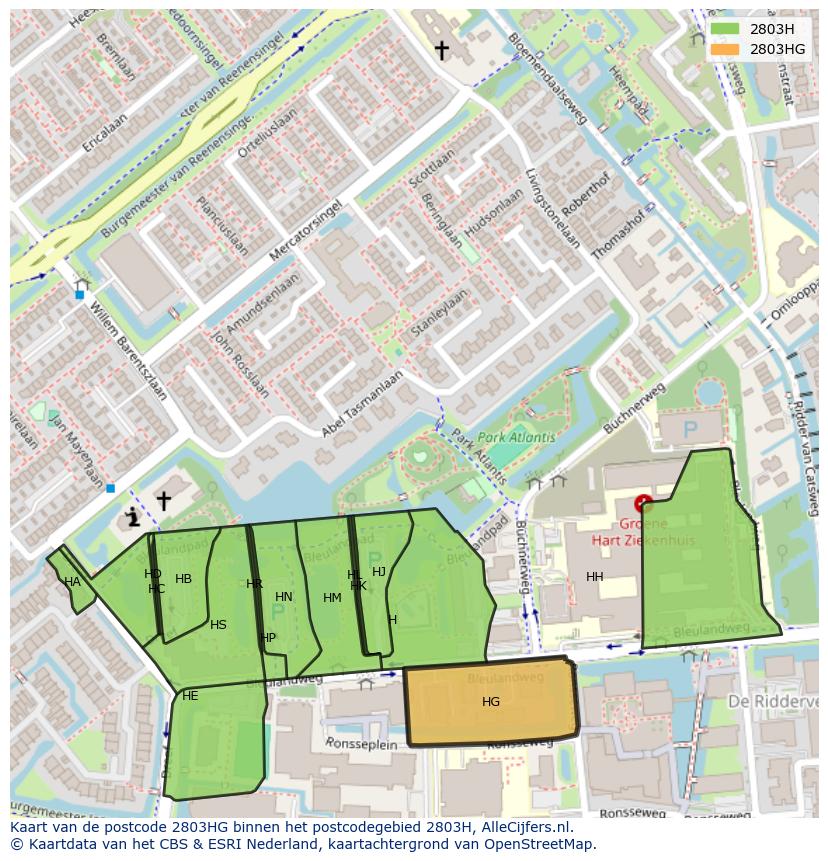Afbeelding van het postcodegebied 2803 HG op de kaart.