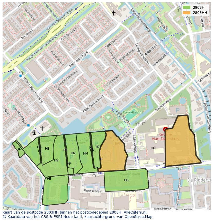 Afbeelding van het postcodegebied 2803 HH op de kaart.