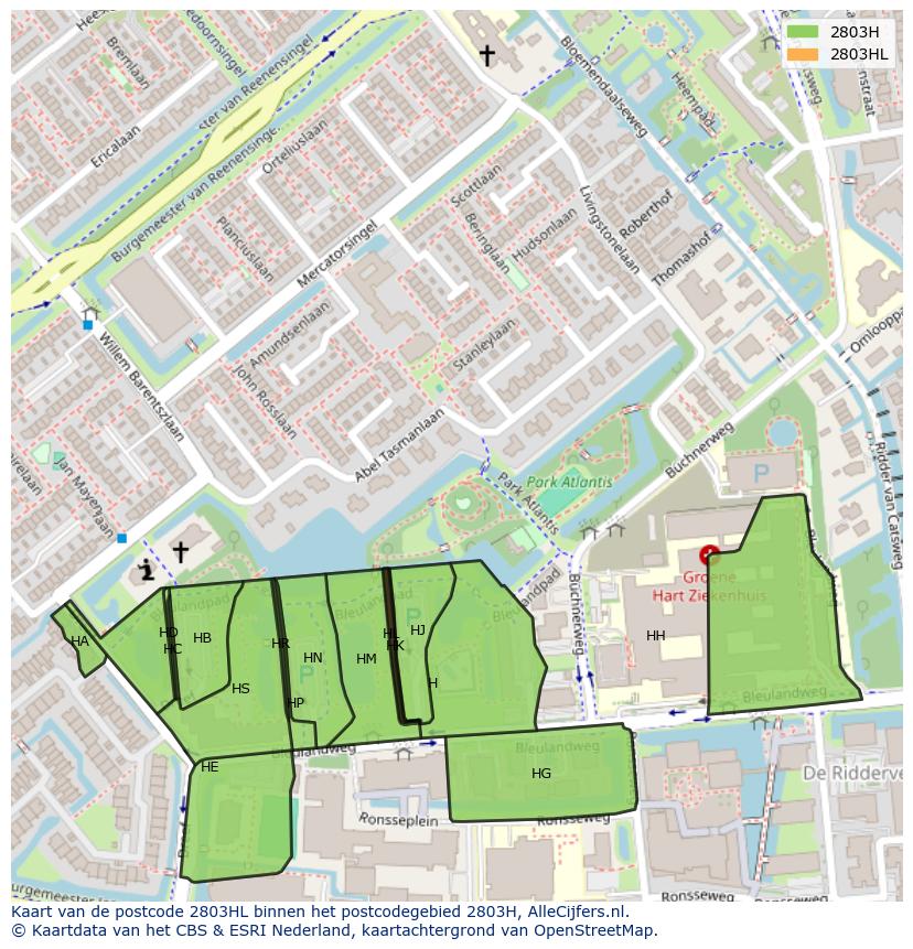 Afbeelding van het postcodegebied 2803 HL op de kaart.