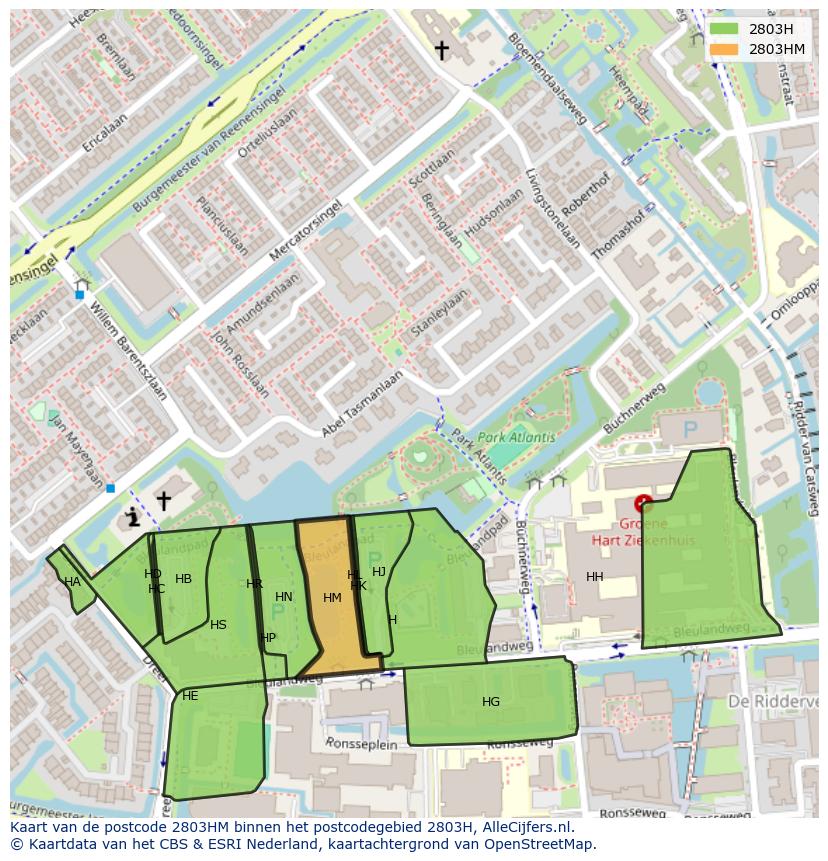 Afbeelding van het postcodegebied 2803 HM op de kaart.