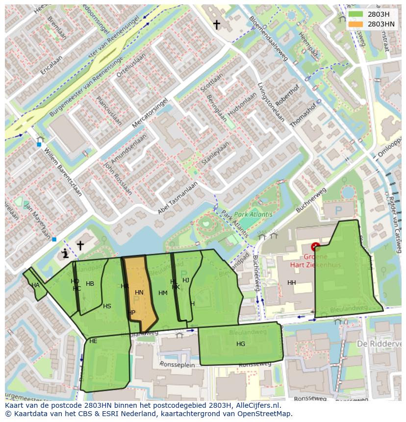 Afbeelding van het postcodegebied 2803 HN op de kaart.