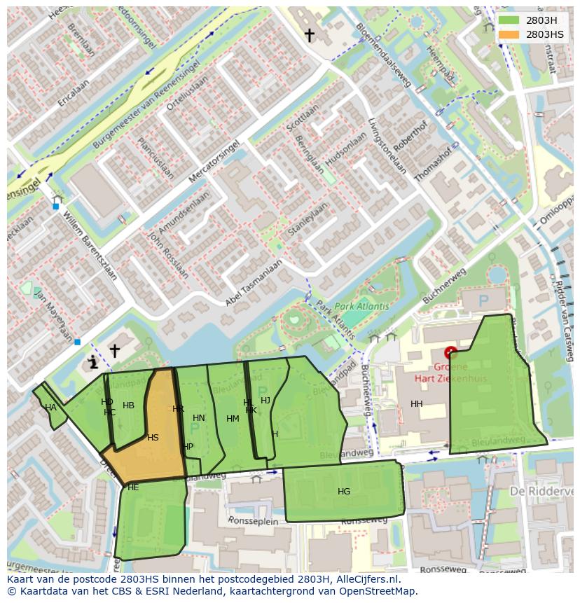 Afbeelding van het postcodegebied 2803 HS op de kaart.