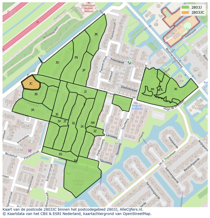 Afbeelding van het postcodegebied 2803 JC op de kaart.
