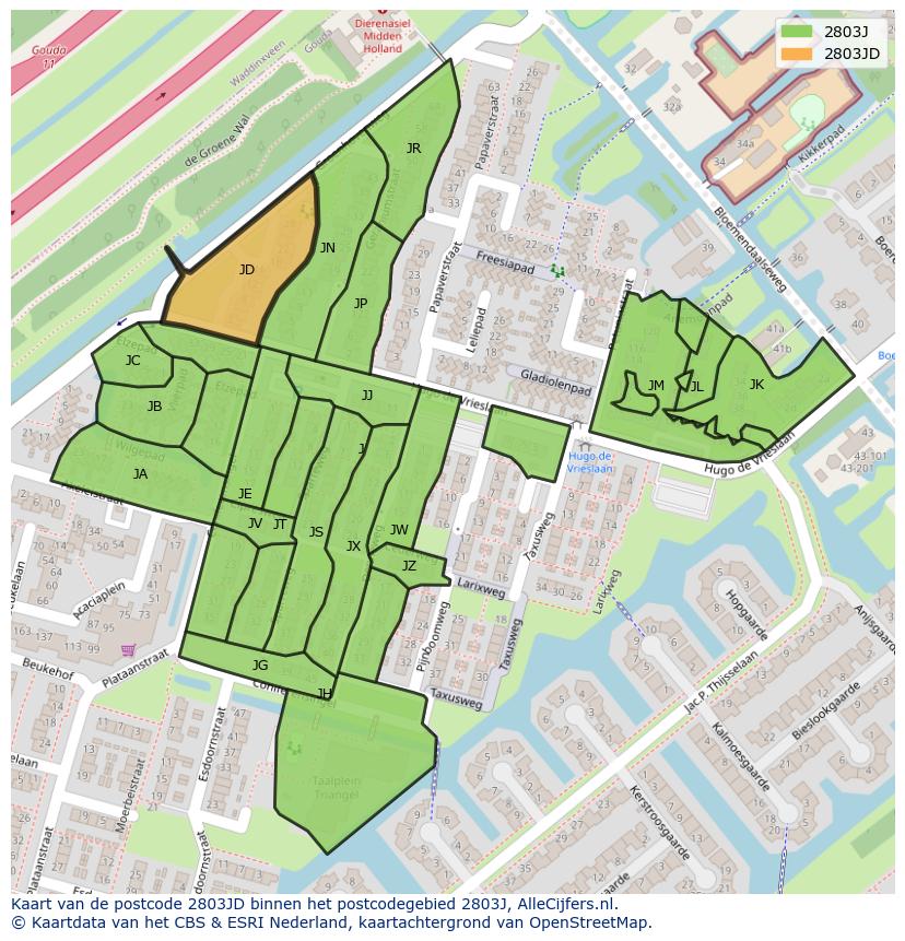 Afbeelding van het postcodegebied 2803 JD op de kaart.