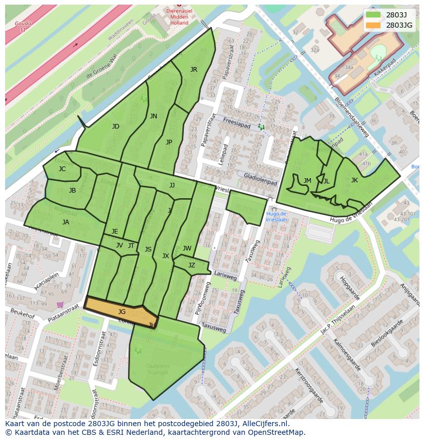Afbeelding van het postcodegebied 2803 JG op de kaart.