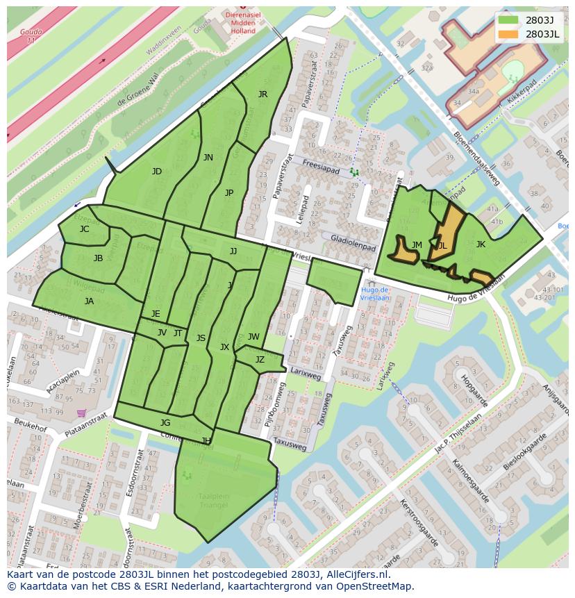 Afbeelding van het postcodegebied 2803 JL op de kaart.