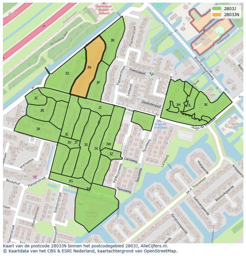 Afbeelding van het postcodegebied 2803 JN op de kaart.