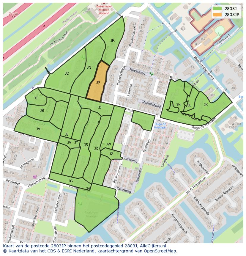 Afbeelding van het postcodegebied 2803 JP op de kaart.