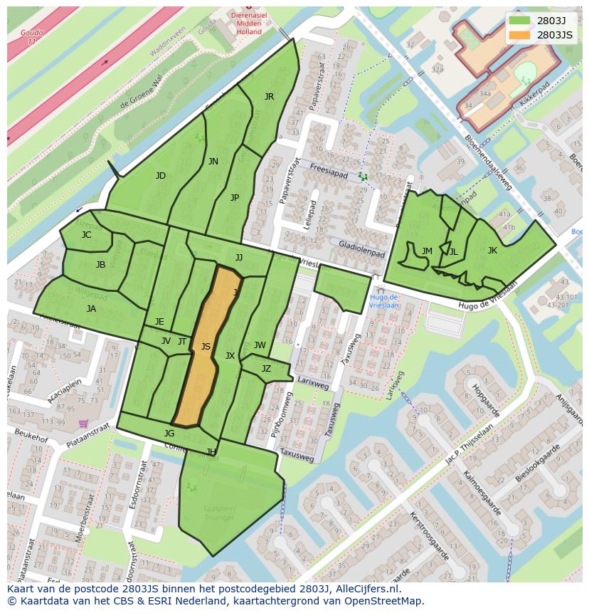 Afbeelding van het postcodegebied 2803 JS op de kaart.